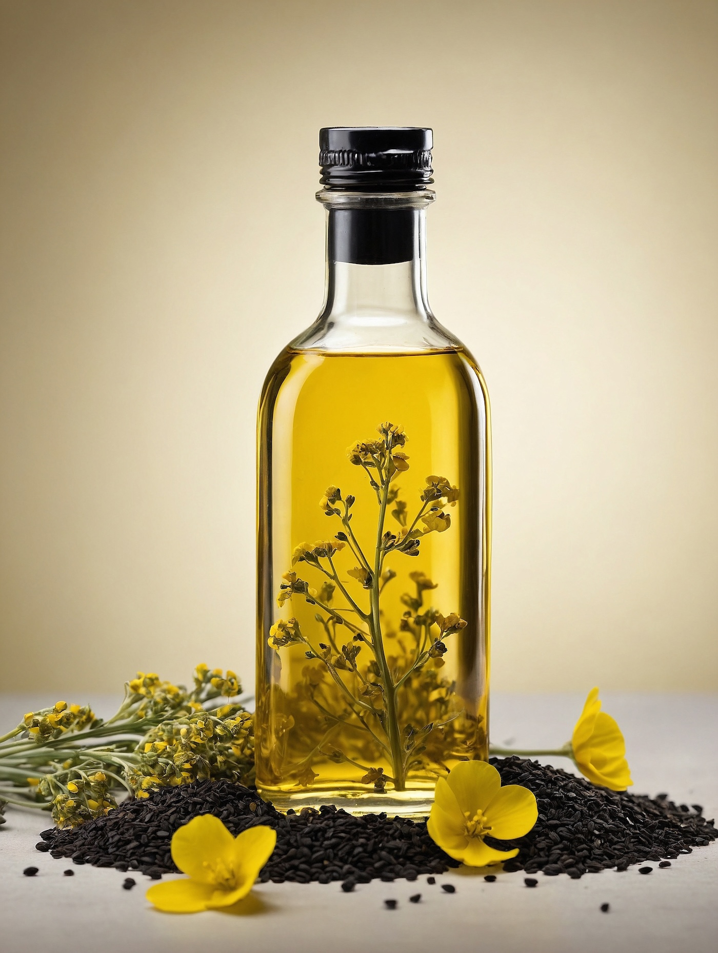 Butelka oleju z kwiatami i zbiorem zoltych kwiatow
