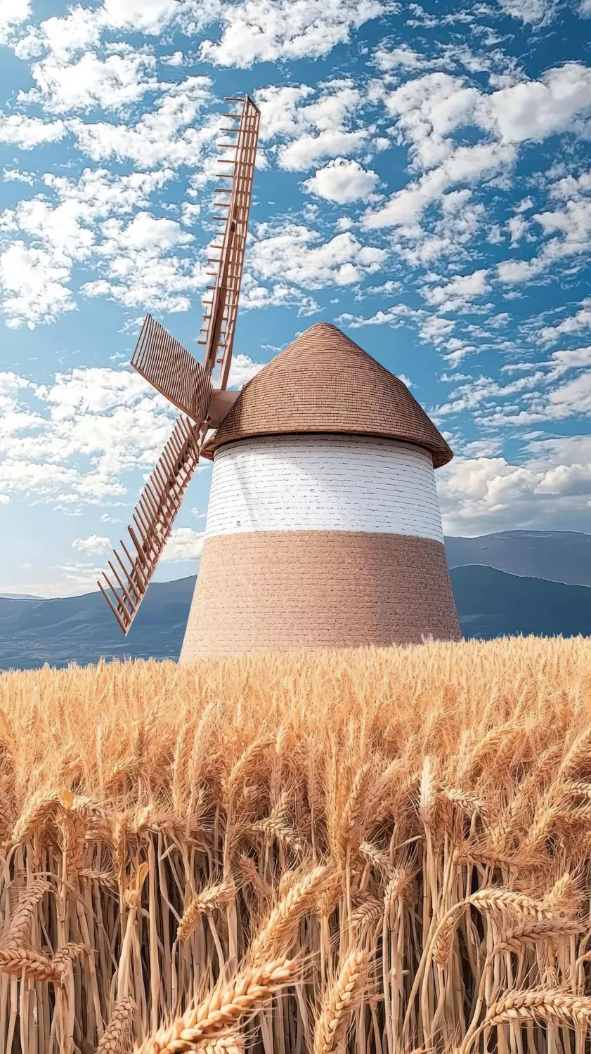 Wiatrak stojący na polu w słoneczny dzień